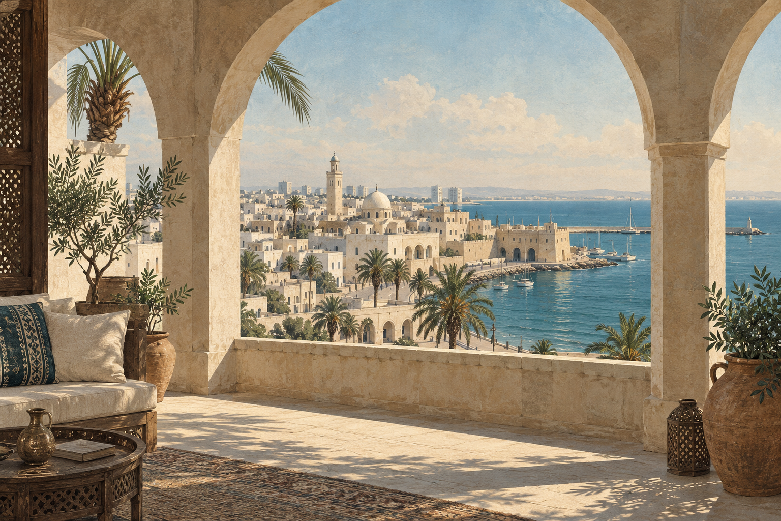 Illustration of Mediterranean architecture and the Libyan coast